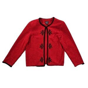 Leslie Fay Sweater Women's PL Red Knit Cropped Cardigan Embroidered EUC